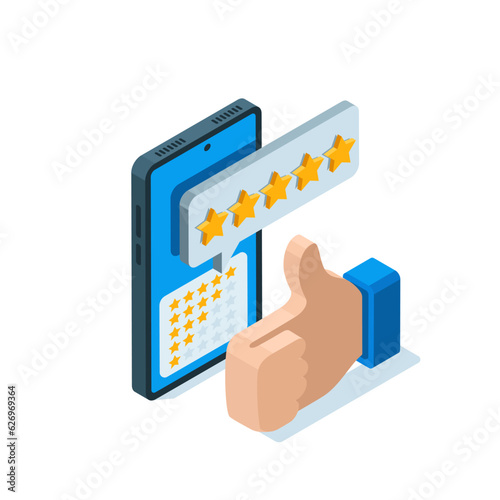 isometric like and stars icon on smartphone screen on white background, rate or raise rating