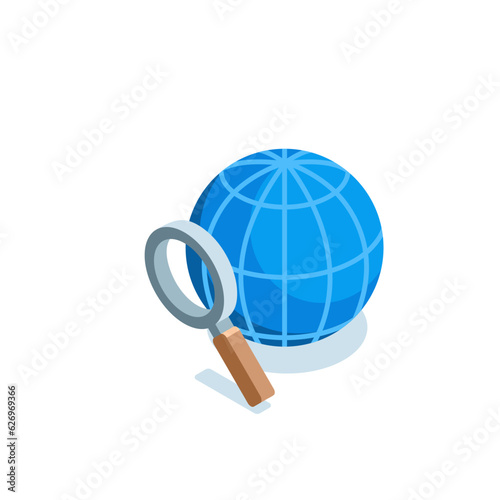 isometric magnifier and globe icon in color on a white background, search for a place on a map or on the globe