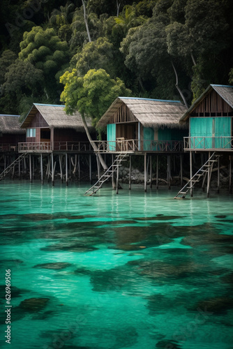 Idyllic Polynesian wooden huts on stilts standing in turquoise waters in an island bay - AI generated © artefacti