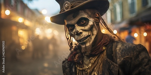 A portrait of a man dressed as a scary voodoo priest. Halloween and voodoo fashion. Generative AI. photo