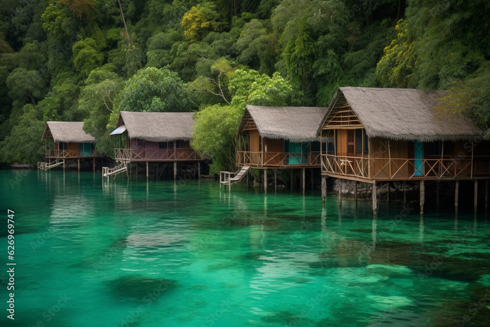 Idyllic Polynesian wooden huts on stilts standing in turquoise waters in an island bay - AI generated Idyllic Polynesian wooden huts on stilts standing in turquoise waters in an island bay - AI generated