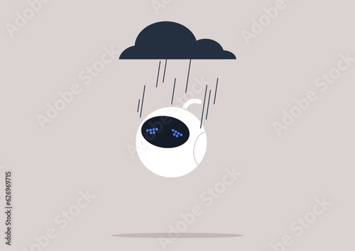 Sad white robot weeping in the rain