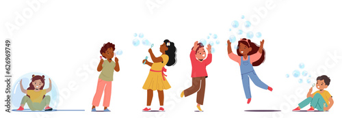 Children Joyfully Chase And Pop Shimmering Soap Bubbles, Filled With Laughter And Wonder, Vector Illustration