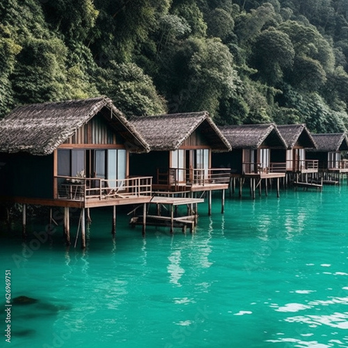 Idyllic Polynesian wooden huts on stilts standing in turquoise waters in an island bay - AI generated