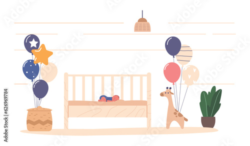 Peaceful, Precious Newborn Baby Sleeps Soundly in a Cozy Cradle in Room Decorated with Balloons, and Toys, Vector