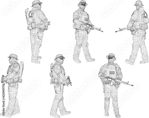 Vector sketch illustration of stealth ground combat troops with guns