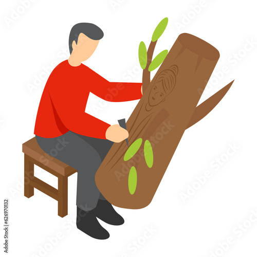 woodcarver isometric Concept, wood sculpture art vector icon design, Crafting occupations symbol, hobby and art works Sign, Creative People stock illustration