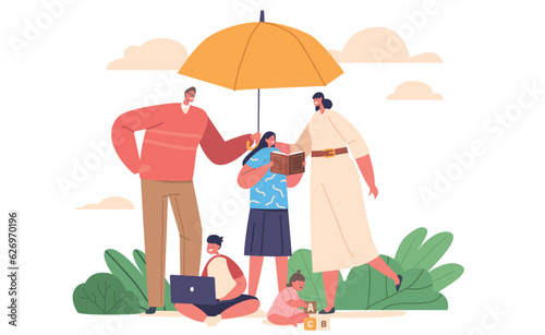 Family Under Protection Concept with Parents and Kids Covered with Umbrella. Safeguarding Of Family Members