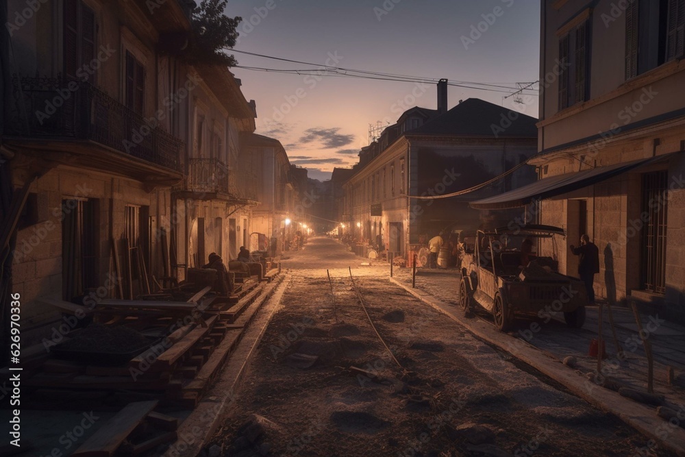 A historical street is being constructed at dusk. Generative AI