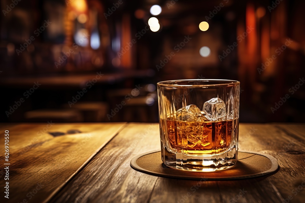 A glass of whiskey on a wooden table in a bar. Close-up view.