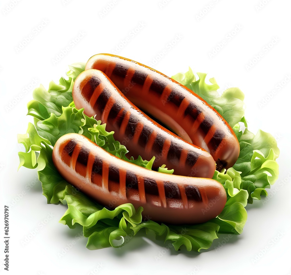 Grilled pork sausages with lettuce isolated on white background Generative AI Grilled pork sausages with lettuce isolated on white background Generative AI