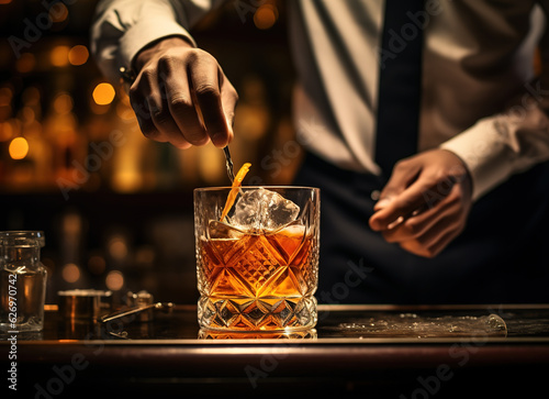 bartender pouring drinks into glass in bar