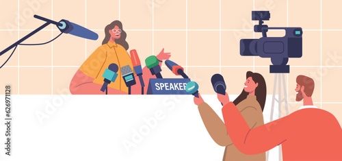 Political Mass Media Announcement, Live News Tv Broadcasting with Cameraman and Reporter Journalist Listening Speaker