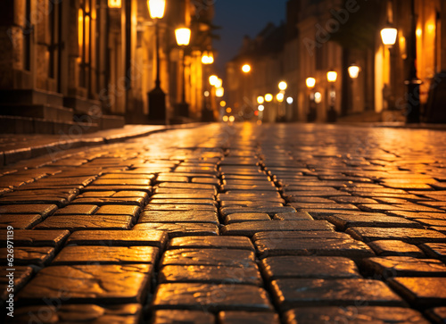 street in the old town at night with lamps light on and wet pebble road ground