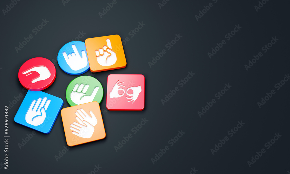 Disability or sign language icons engraved on plastic cubes and circles. 3D Rendering. Disability or sign language icons engraved on plastic cubes and circles. 3D Rendering.