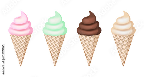 Strawberry, mint, chocolate and vanilla ice cream waffle cones on the white background.