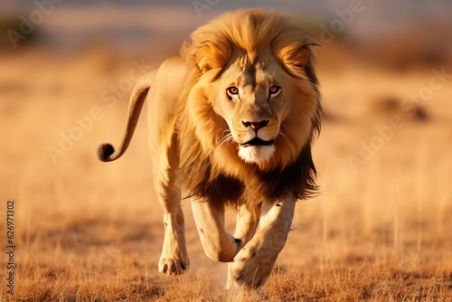 A male lion in motion runs across the field chasing the forest.