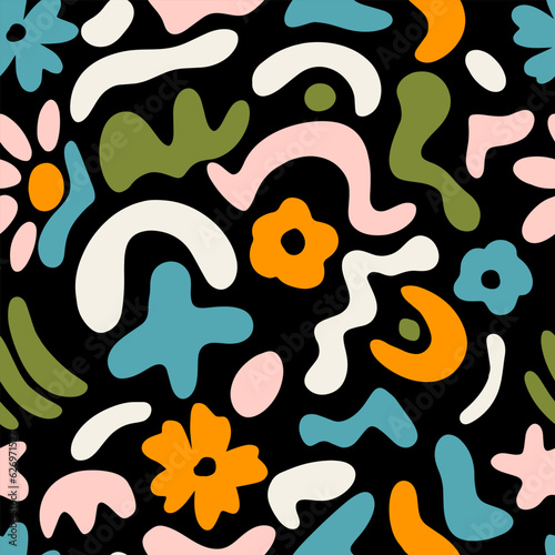 Fun colorful doodle seamless pattern. Creative minimalist style art background trendy design with shapes and flowers