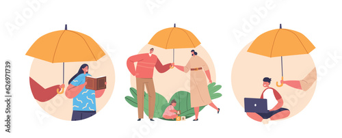 Family Under Protection Isolated Round Icons Emphasizing Safety And Well-being Of A Family Unit, Ensuring Their Security