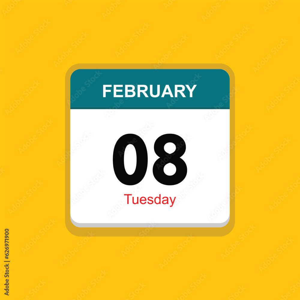 tuesday 08 february icon with yellow background, calender icon