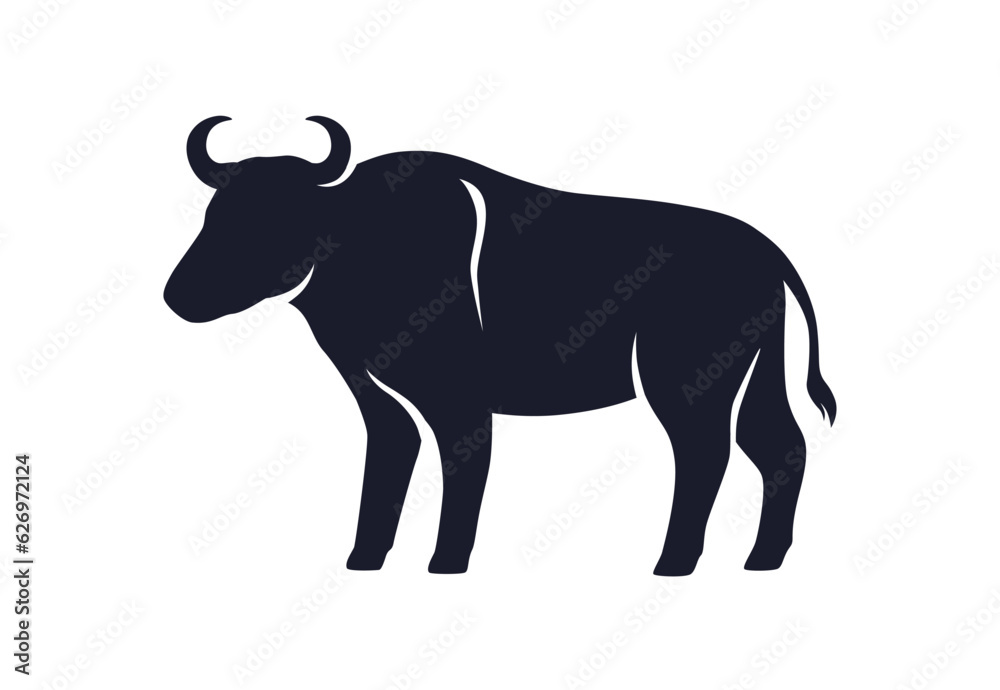 Ox silhouette. Black bull shape, shadow. Buffalo symbol, stencil. Horned animal icon, side view, profile for Chinese zodiac, horoscope. Flat graphic vector illustration isolated on white background