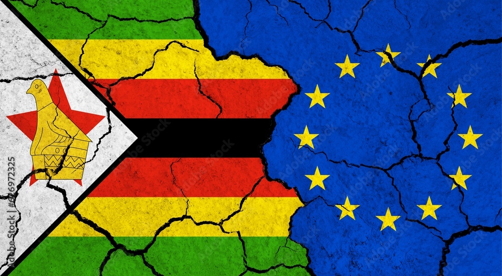 Flags of Zimbabwe and European Union on cracked surface - politics, relationship concept