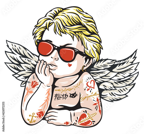 Billede på lærred Vector colorful illustration of angel in stripped style with sunglasses and tattoos