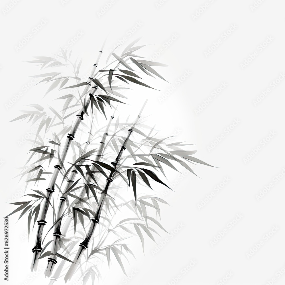 Fototapeta premium Bamboo isolated on a white background. Sumi-e ink design in Japanese style. Space for text. Digital illustration.
