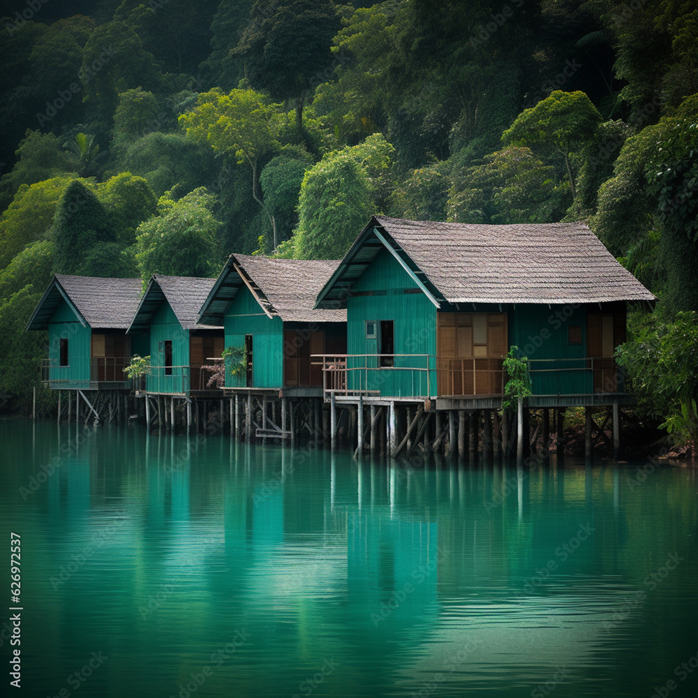 Fototapeta premium Idyllic Polynesian wooden huts on stilts standing in turquoise waters in an island bay - AI generated