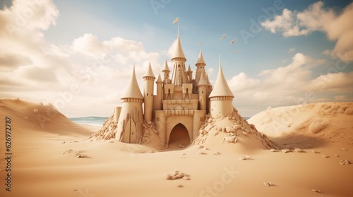 Big sand castle with towers against a clear sky illustration.