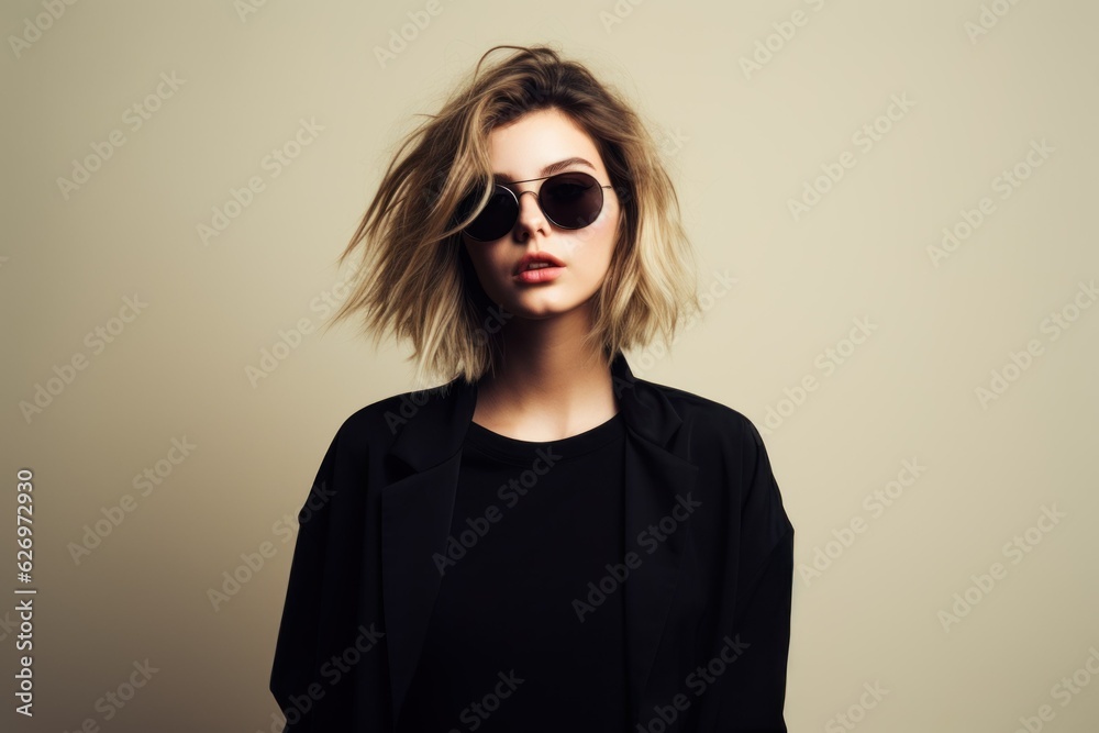 Portrait of a fictional beautiful woman with short blond hair. Rock Grunge style, sunglasses and leather jacket. Isolated on a plain pastel colored background. Generative AI. Portrait of a fictional beautiful woman with short blond hair. Rock Grunge style, sunglasses and leather jacket. Isolated on a plain pastel colored background. Generative AI.