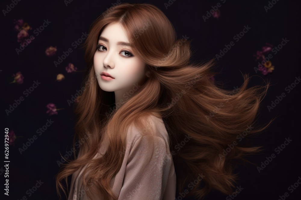 Portrait of a fictional beautiful asian model. Generative AI illustration.