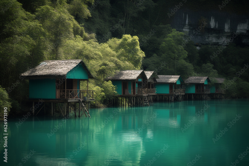 Idyllic Polynesian wooden huts on stilts standing in turquoise waters in an island bay - AI generated Idyllic Polynesian wooden huts on stilts standing in turquoise waters in an island bay - AI generated