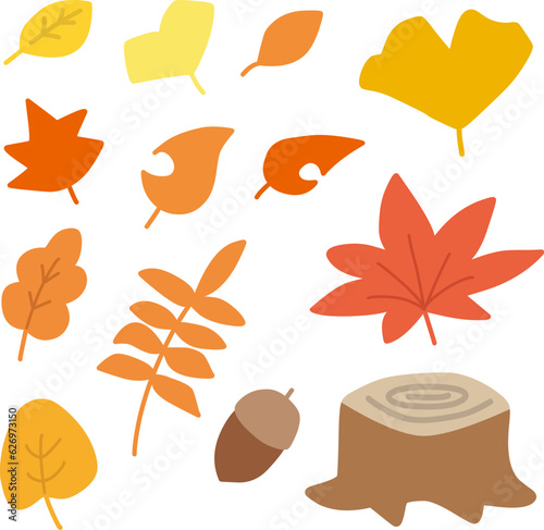 秋をイメージした葉っぱと団栗と切り株のセット