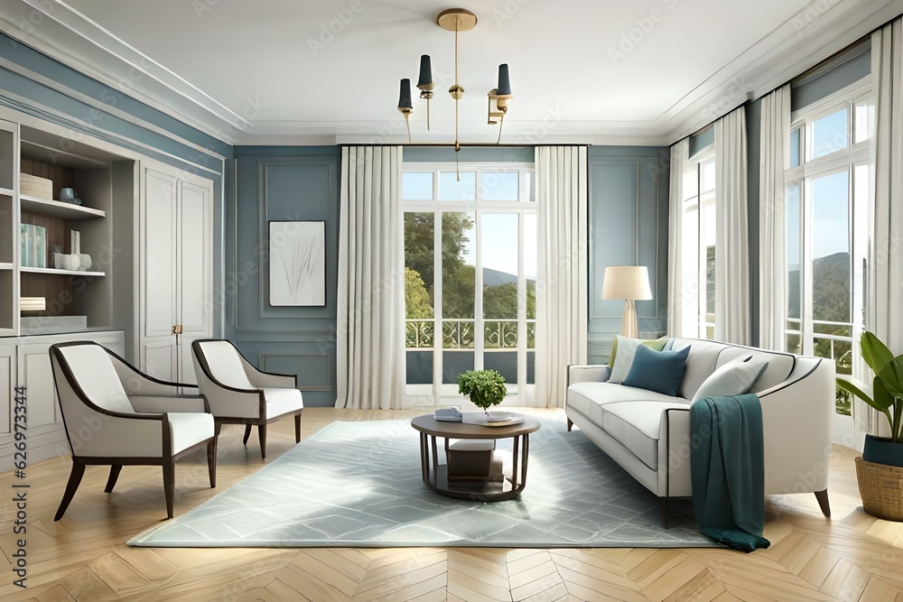 Fototapeta premium Hampton style living room. Home interior design 3d render illustration in pastel colors. 3d rendering.