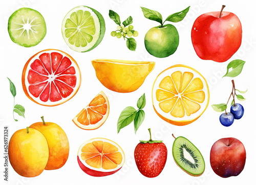 collection set of fruits, berries and vegetables watercolor 