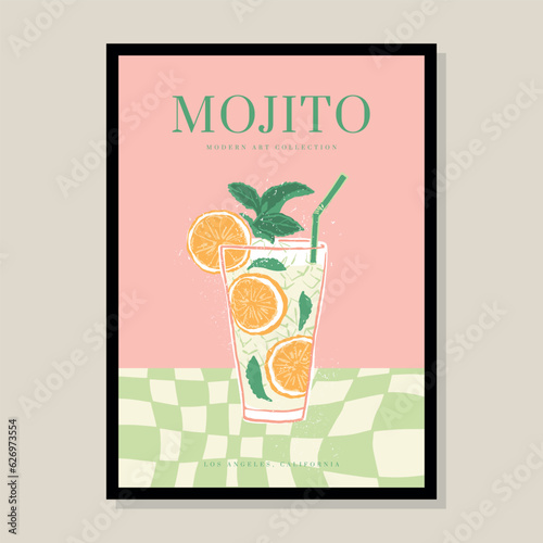 Mojito cocktail hand drawn vector illustration in a poster frame. Art for poster design, postcards, branding, logo design, background.