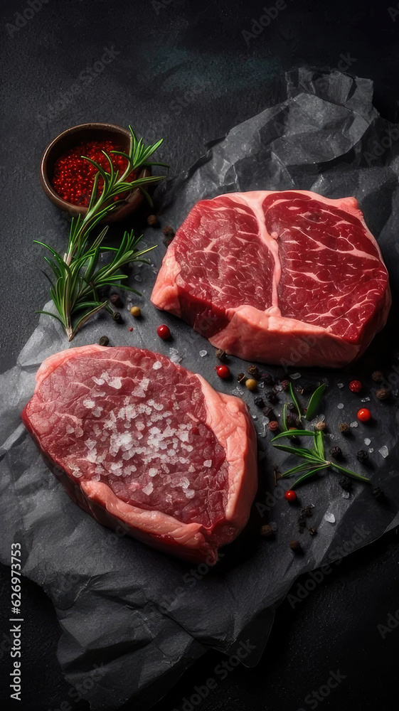 Raw steak on a slate. Two raw steaks on a dark shale background