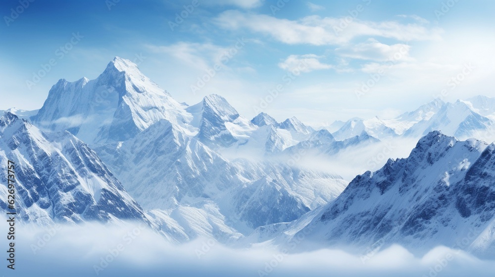 Panoramic view of snowy mountains in the clouds. Winter landscape - obrazy, fototapety, plakaty 