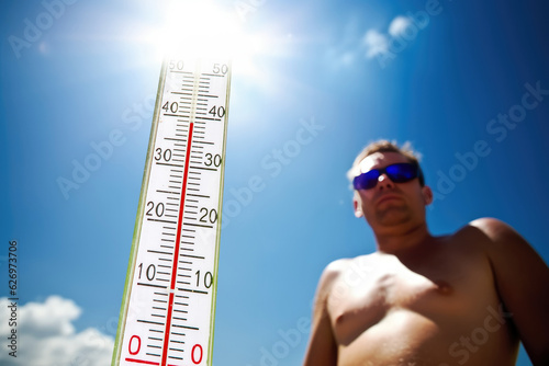 Hitzerekord - Thermometer zeigt 39 Grad, im Hintergrund ein Mann mit Sonnenbrille photo