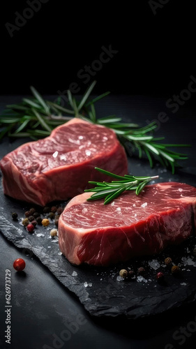 Raw steak on a slate. Two raw steaks on a dark shale background