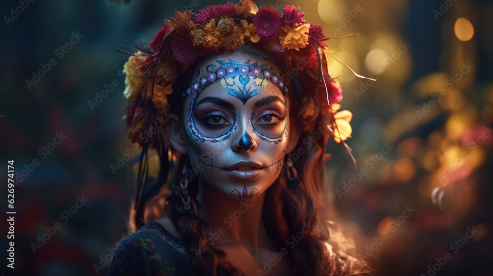 Day of the Dead. Woman with skull makeup. Created with Generative AI.