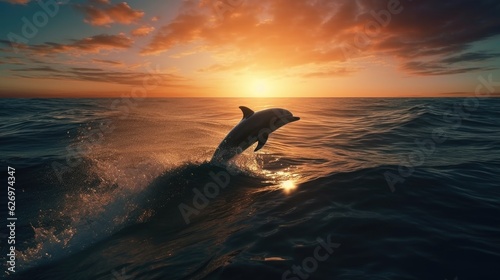 dolphin jump at sunset. Created with generative AI.