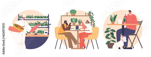 Isolated Round Icons With Customers Enjoying Plant-based Meal In Vegan Restaurant Savoring Delicious Cruelty-free Dishes