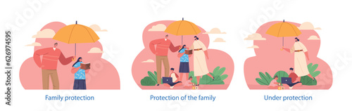 Isolated Elements with Family Protection Scenes. Safeguarding And Prioritizing The Well-being Of The Family Unit