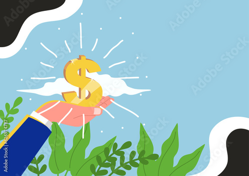 Clip art of a businessman hand holding a gold dollar symbol with plants as decoration, vector illustration