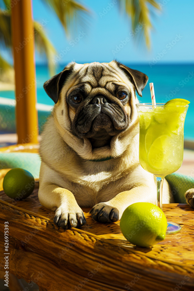 Cute pug on the beach drinking a summer cocktail sitting on a chaise longue by the sea on a sunny day