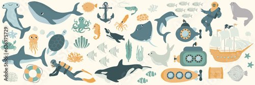 Vector ocean mega set with whale,turtle,jellyfish,shark,crab,octopus,diver,penguin,squid,dolphin,walrus,ship.Underwater animals.Illustration for fabric,childrens clothing,book,postcard,wrapping paper