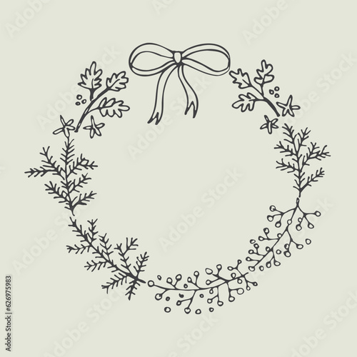 Frame round for congratulations Happy New Year minimalist style vector illustration. Ink drawn festive template with spruce branches and rowan for text. Boho style background design element 