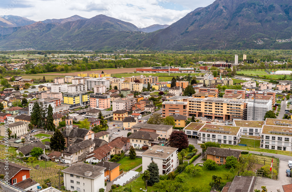 Top view of the Tenero village, in the district of Locarno, Ticino, Switzerland. Architectural background.